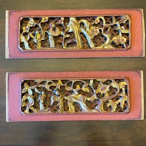 ANTIQUE ORIENTAL HAND CARVED RED And GOLD WALL PLAQUES
